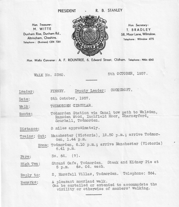 MPC leaflet for Todmorden Circular walk, 5th October 1957 
